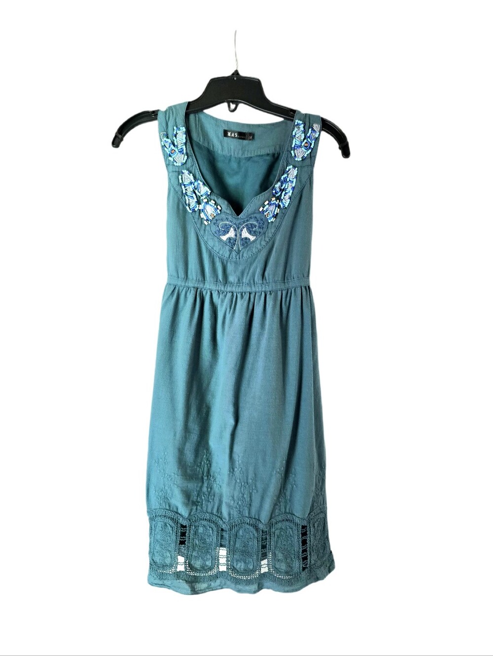 Cotton Teal Embroidered Beaded Sleeveless Mini Dress